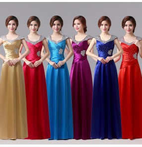 Royal blue red fuchsia hot pink gold turquoise purple violet double shoulder  beaded women's ladies female A line long length formal bride celebration special occasion satin wedding party evening dresses gown dresses vestidos